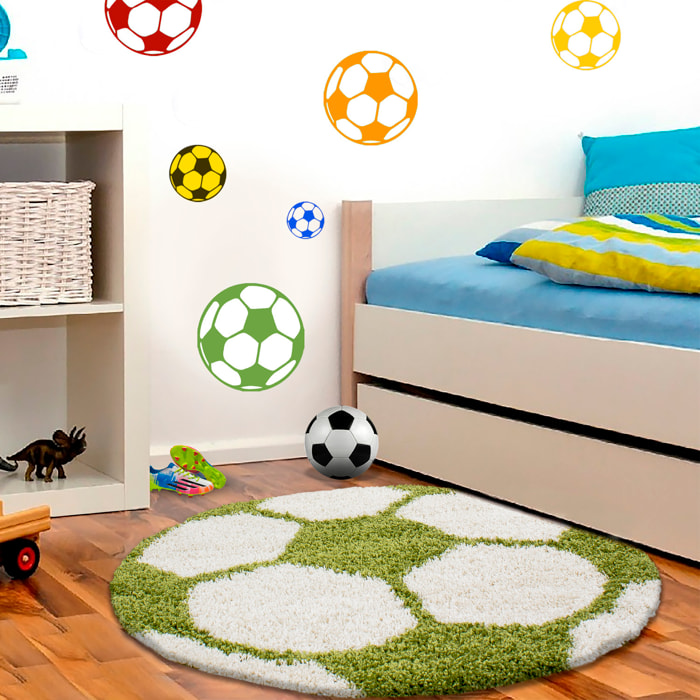 FUN - Tapis enfant shaggy rond à poils long motif ballon de foot vert