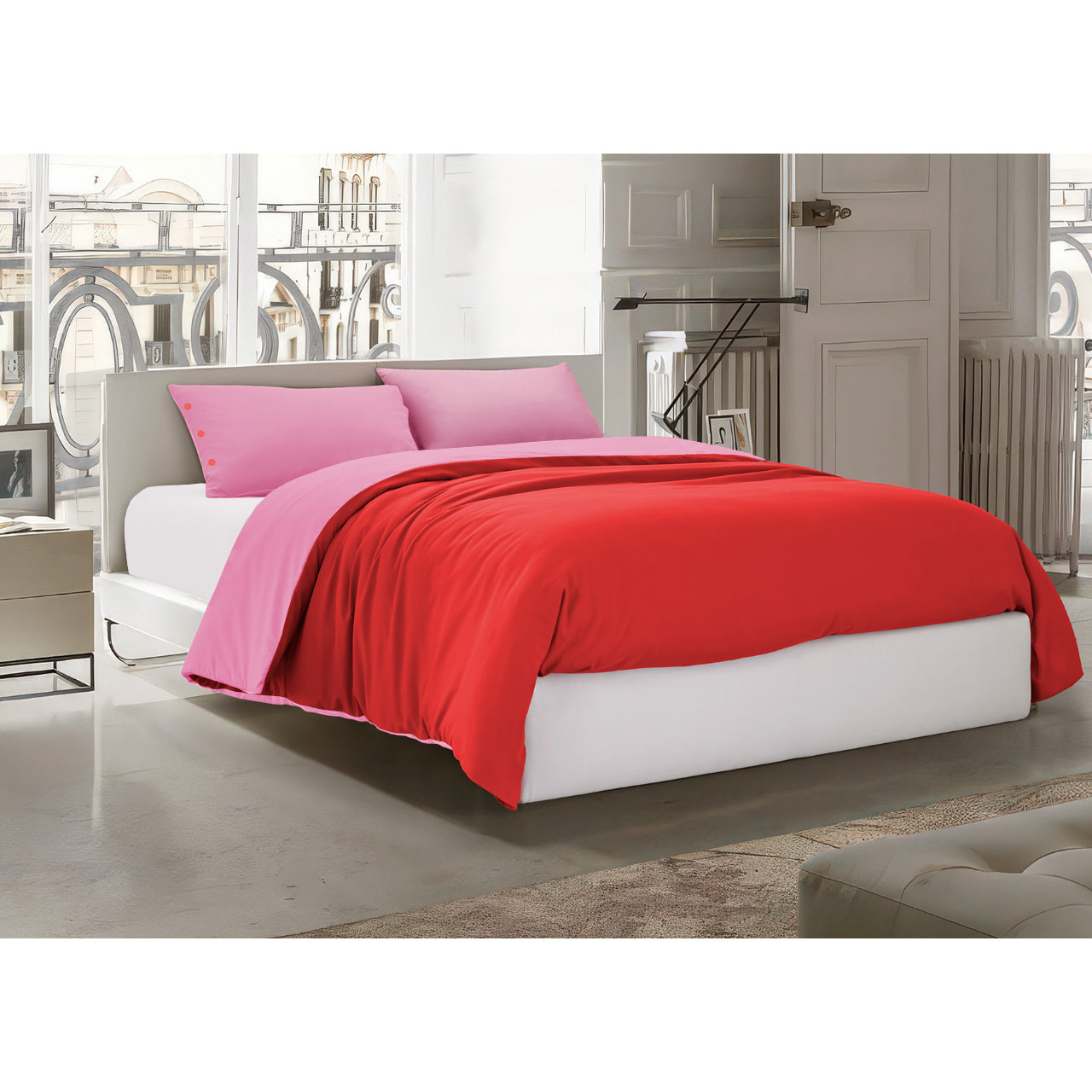Parure Copripiumino Bicolor Estate/Inverno 100% Cotone Tinta Unita Amici Rosso/Rosa
