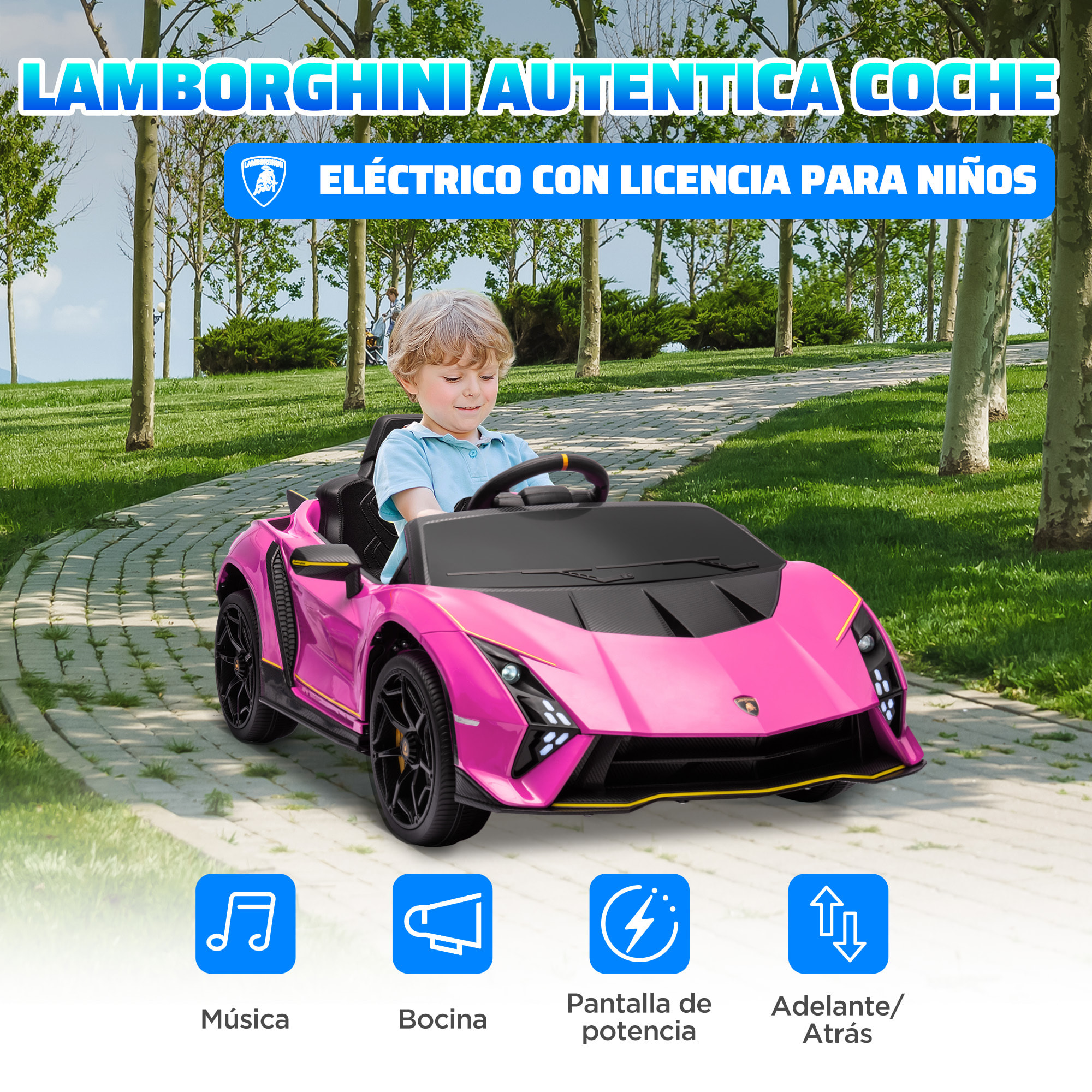 Coche Eléctrico para Niños de +3 Años Lamborghini Autentica Coche Eléctrico con Batería 12V Mando a Distancia Faros Bocina Arranque Suave y Música MP3 Rosa