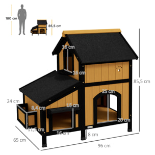 PawHut Casa para Gatos de Madera con Macetero 96x65x85,5 cm Caseta para Gatos de 2 Niveles Refugio para Gatos con Techo Asfáltico Ventana y Múltiples Entradas para Interior y Exterior Natural