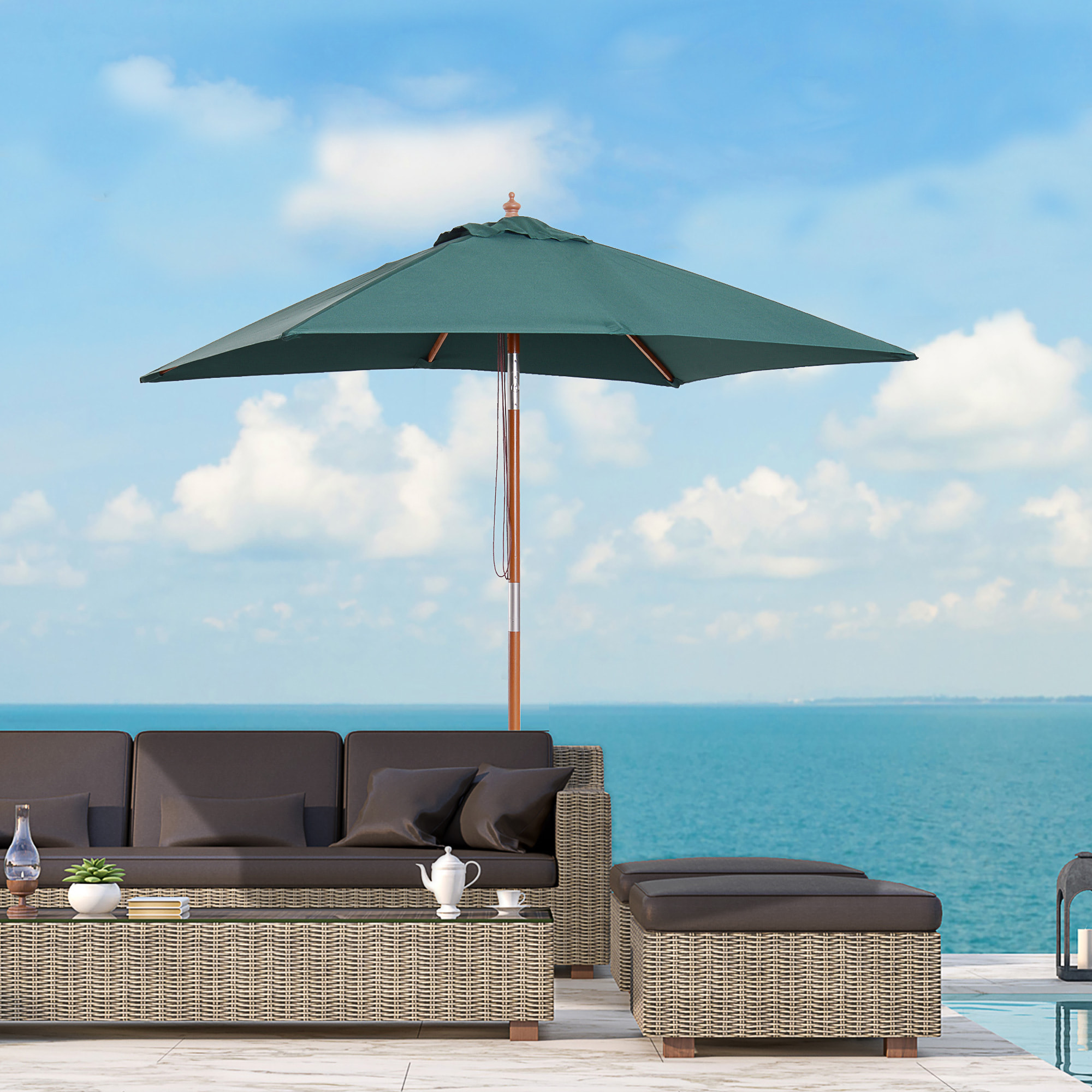 Outsunny Sombrilla de Jardín 200x150x230 cm Madera Inclinable con Manivela Verde