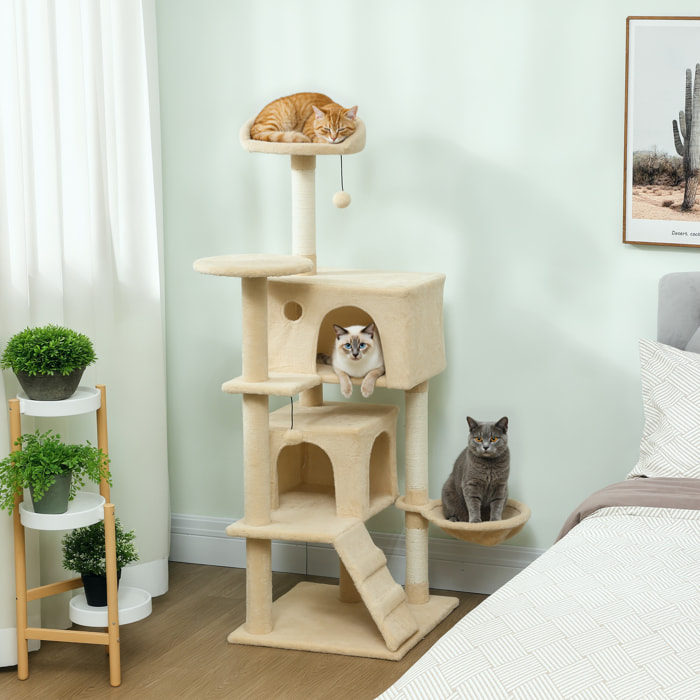Árbol Rascador para Gatos, Árbol para Gatos 140 cm, Torre Escalador con Múltiples Plataformas, Cama, 2 Cuevas, Hamaca, Escalera, Postes de Sisal, Bolas para Jugar, Beige