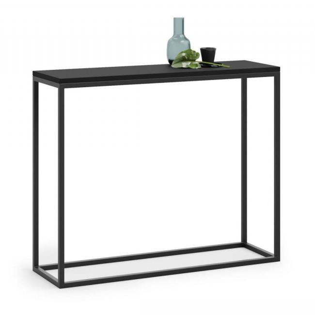 Tavolo alto da cucina, Tavolo ausiliario con gambe in metallo, Consolle rettangolare da bar stile idustrial, cm 100x30h80, colore Nero