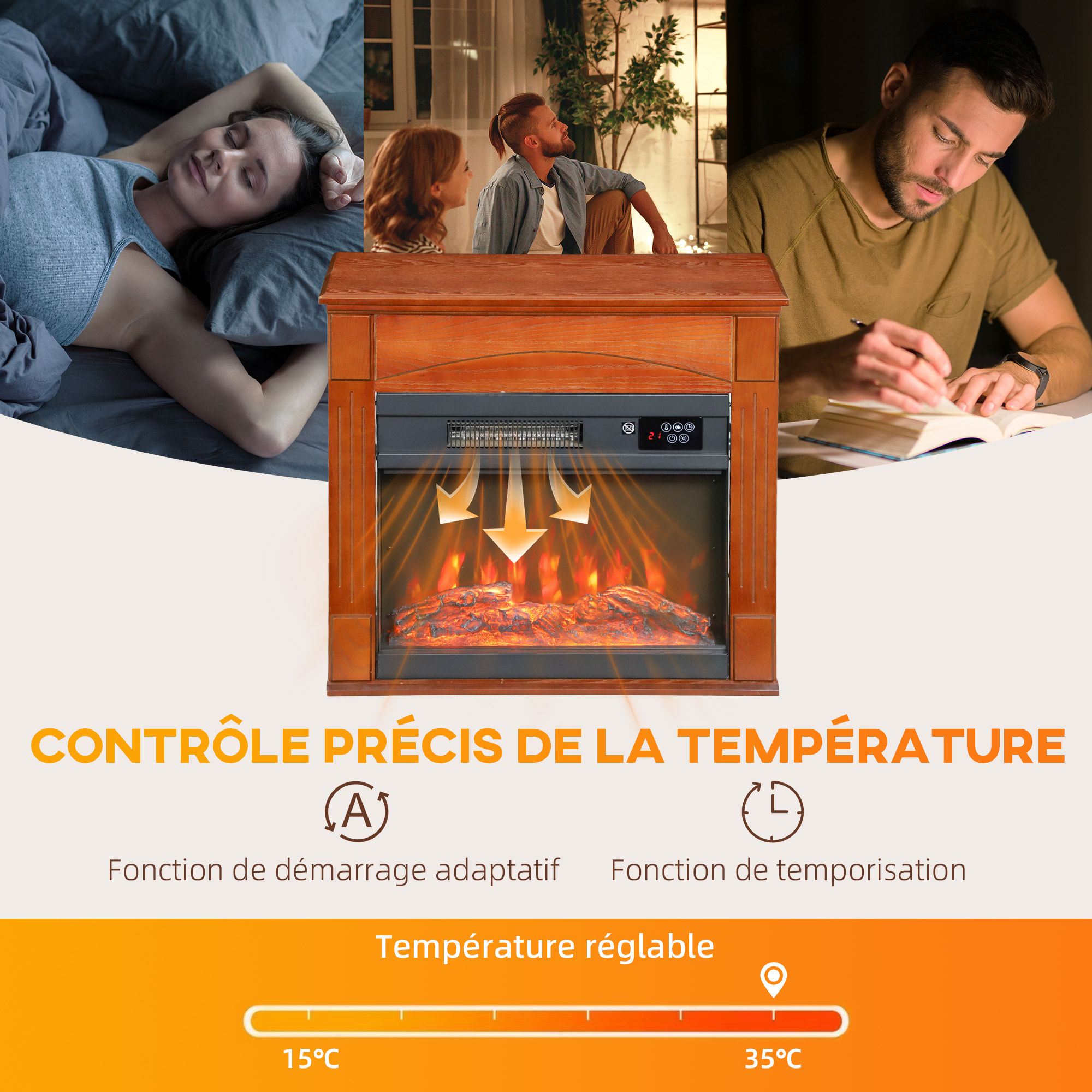 Cheminée électrique design effet bois 1000-2000W télécommande réglable