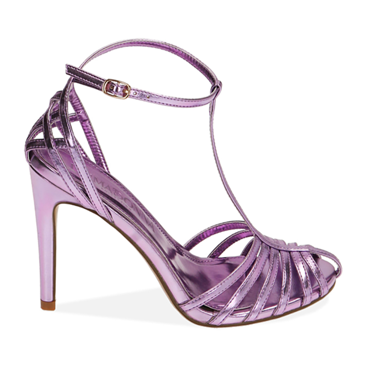 Sandali cage viola laminato, tacco 10 cm