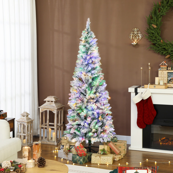 Árbol de Navidad Estrecho 180 cm, Árbol de Navidad Nevado con Luces LED Bicolores, 11 Modos de Iluminación, 479 Ramas, Soporte Metálico, Fácil de Montar, Verde