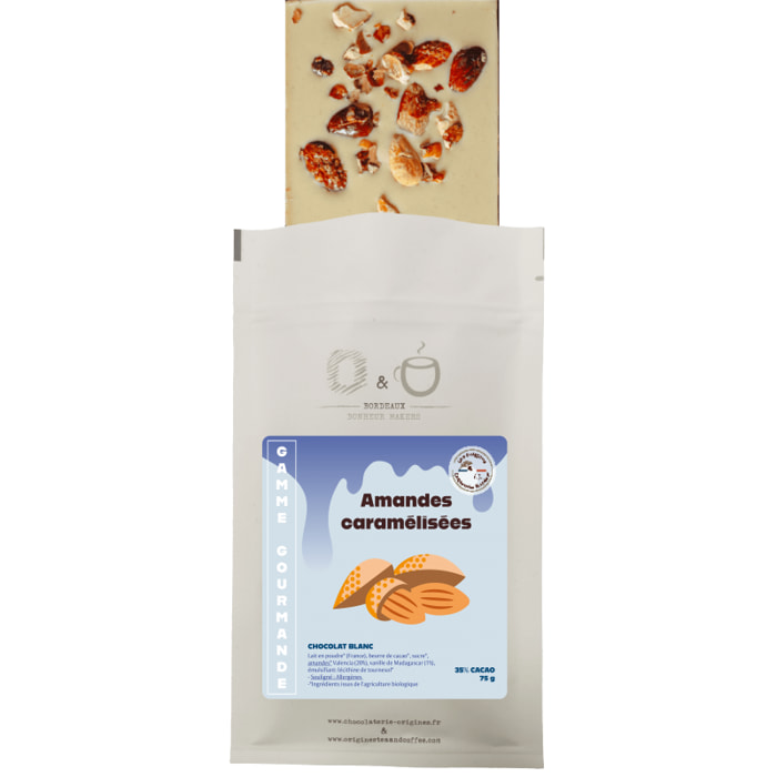 O&O Tablette de Chocolat Blanc 35% BIO - Vanille de Madagascar et Amandes Caramélisées - 75g