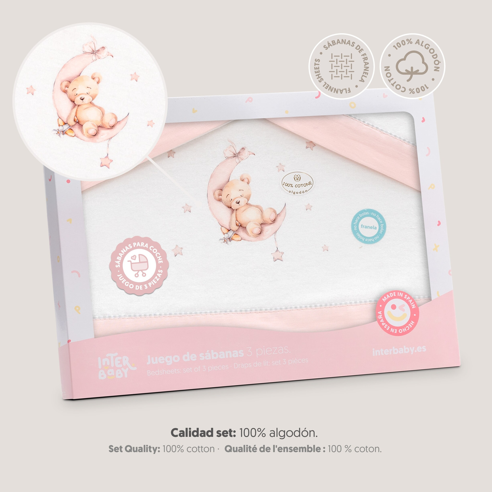 Triptico Coche Franela Estampado Oso Luna Estrellas Bco/Rosa