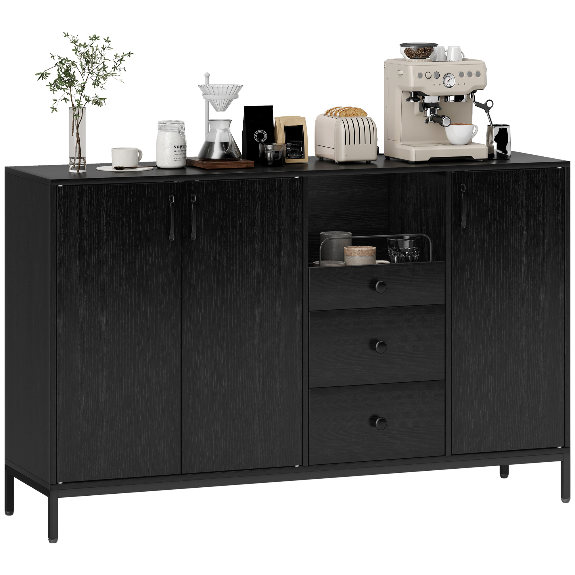 Aparador de 3 Puertas, Aparador de Salón con 3 Cajones, Estantes Ajustables, para Cocina, Entrada, Comedor, Dormitorio, Negro, 143,5x40x90 cm