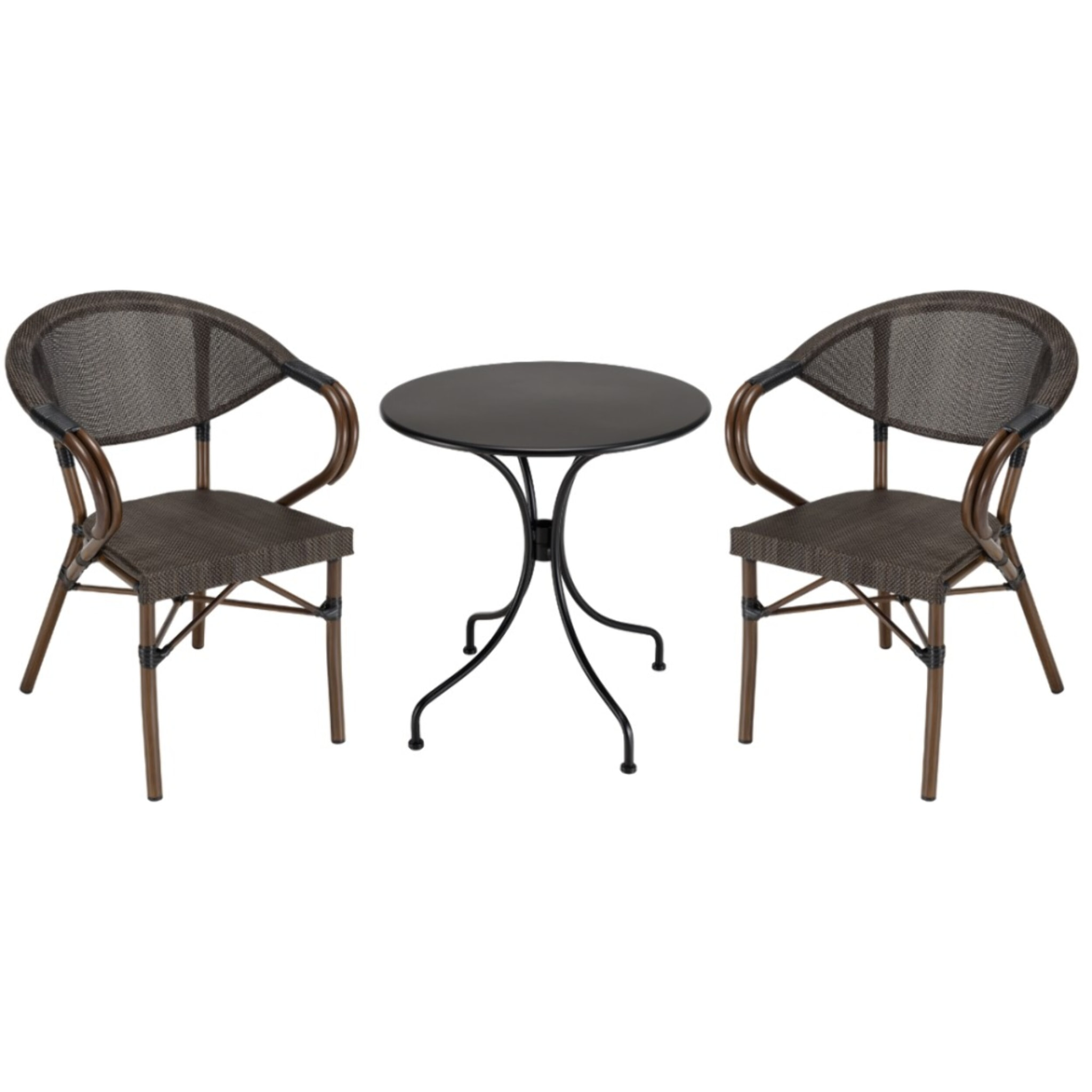 VIANNEY - Ensemble de jardin en acier - table diam 70 2 chaises marron