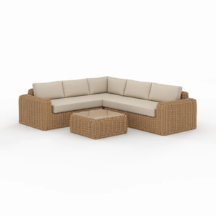 Salon de jardin 4 personnes en résine tressé et tissu beige - Savana