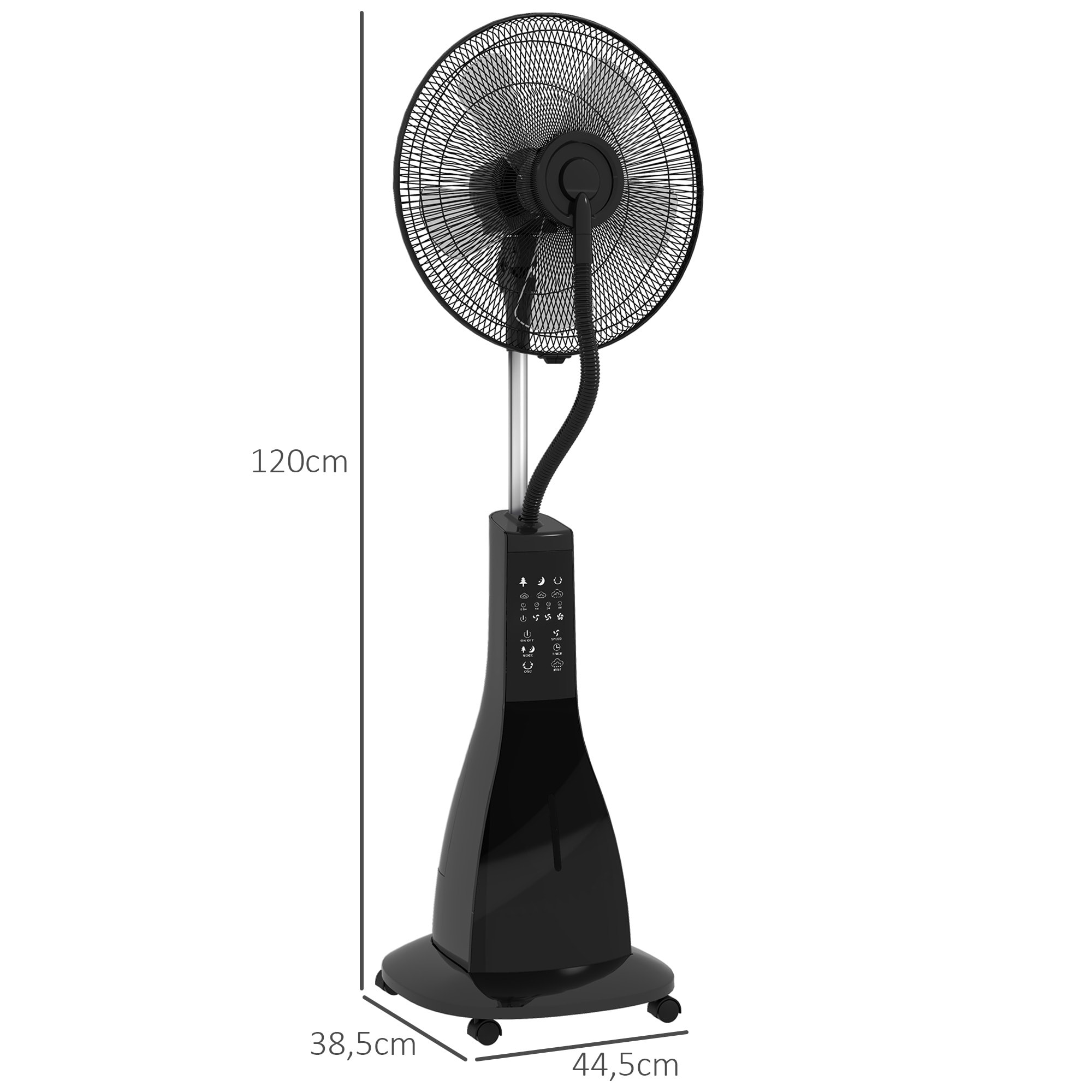 Ventilateur oscillant inclinable sur pied roulettes brumisateur 2 en 1 - 90W - timer, 3 modes, 3 vitesses - télécommande - noir