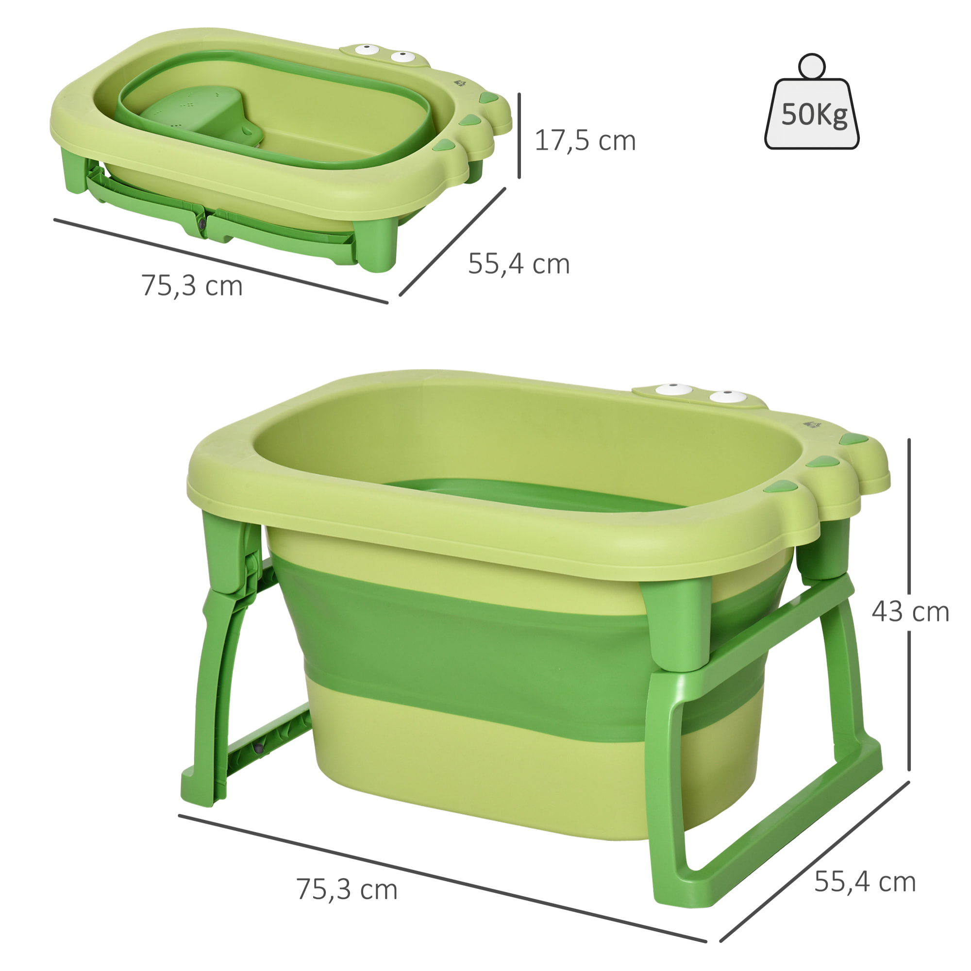 Bañera Plegable para Bebé de 0-6 Años Capacidad 105L Bañera Portátil para Niños con Patas Antideslizantes y Orificio de Drenaje Carga 50 kg 75,3x55,4x43 cm Verde