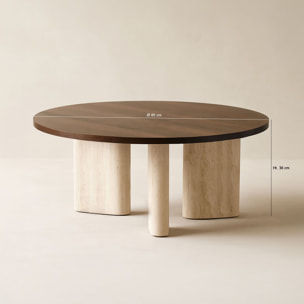 Table basse ronde avec plateau foncé 80cm en effet travertin et noyer AMBER