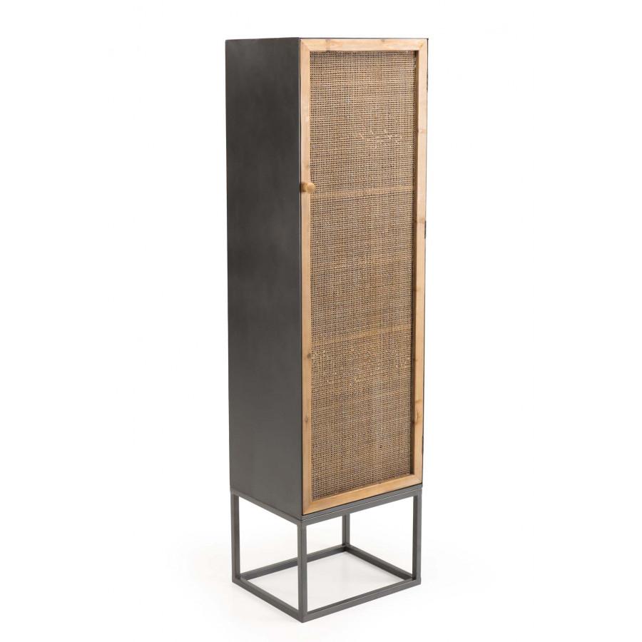 DORIANE - Armoire noire métal 1 porte 2 étagères cannage naturel