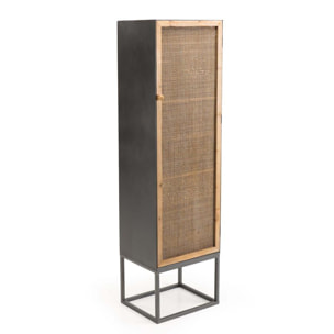DORIANE - Armoire noire métal 1 porte 2 étagères cannage naturel