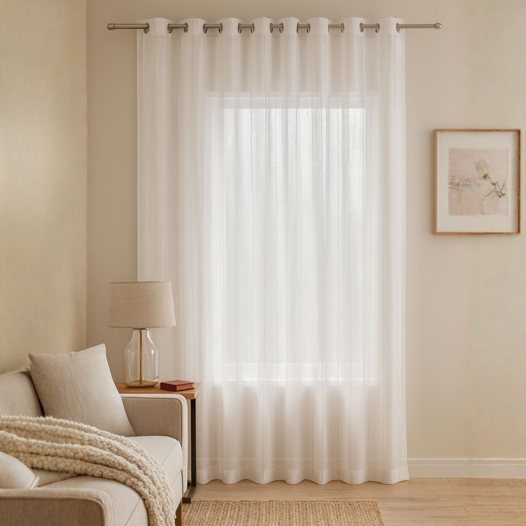 Voilage fines rayures brodées avec grande largeur - Blanc