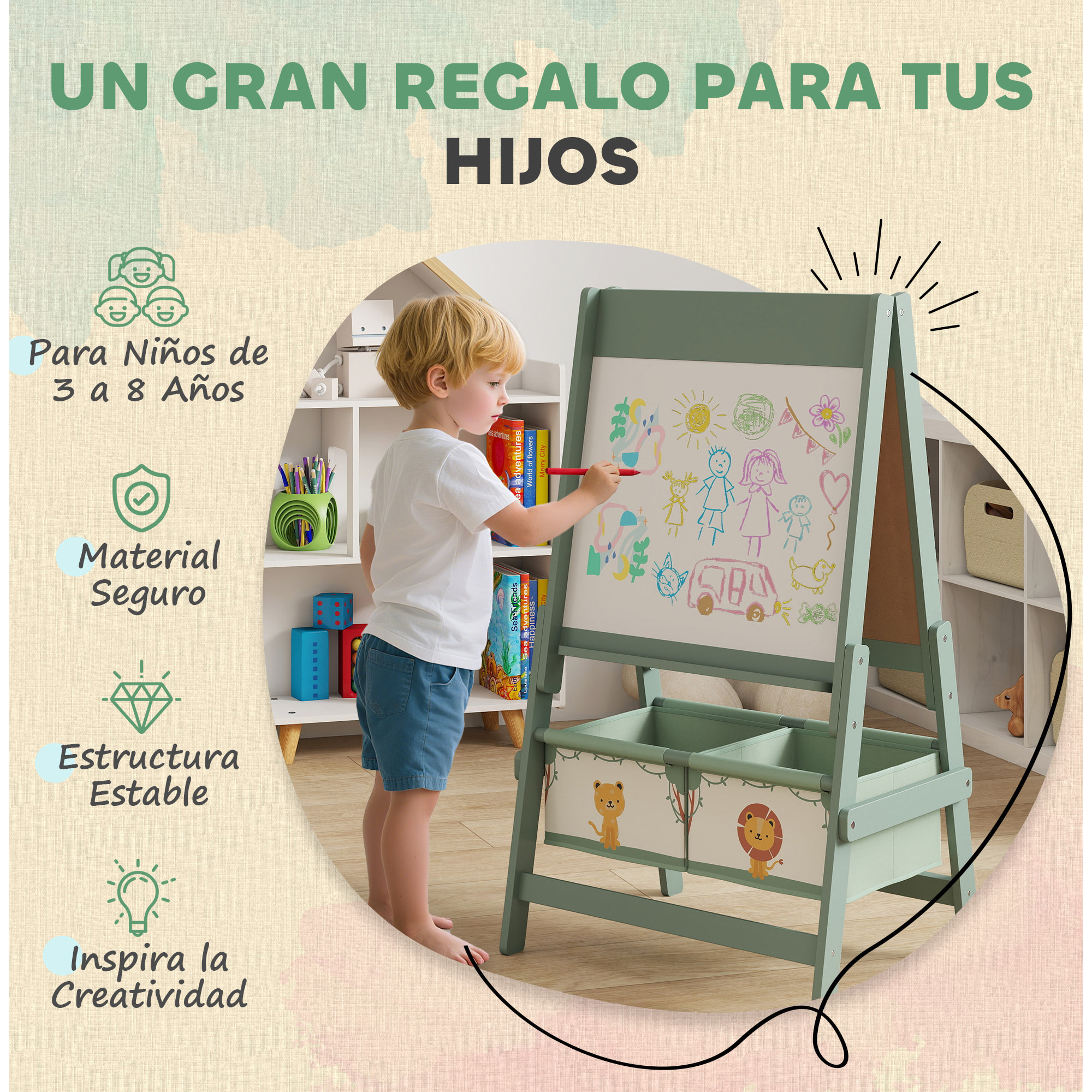 Pizarra Infantil Caballete 3 en 1 Pizarra Infantil de Doble Cara Caballete de Pintura para Niños de +3 Años con Rollo de Papel y Cestas de Almacenamiento 54x46x94 cm Verde
