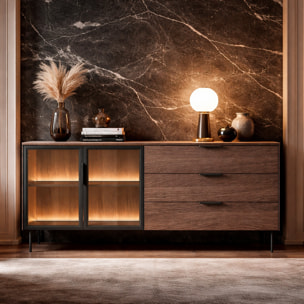 Credenza Madia Moderna Con Vetrina ripiani Cassetti E Illuminazione Led In Melaminico Ideale Soggiorno Sala Da Pranzo 181.3 x 39.3 x 61,5 Cm Rovere