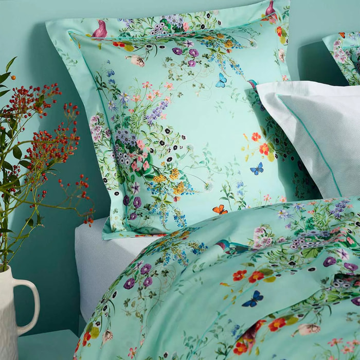 Drap plat satin de coton 115 g/m² imprimé bleu vert Le printemps azur
