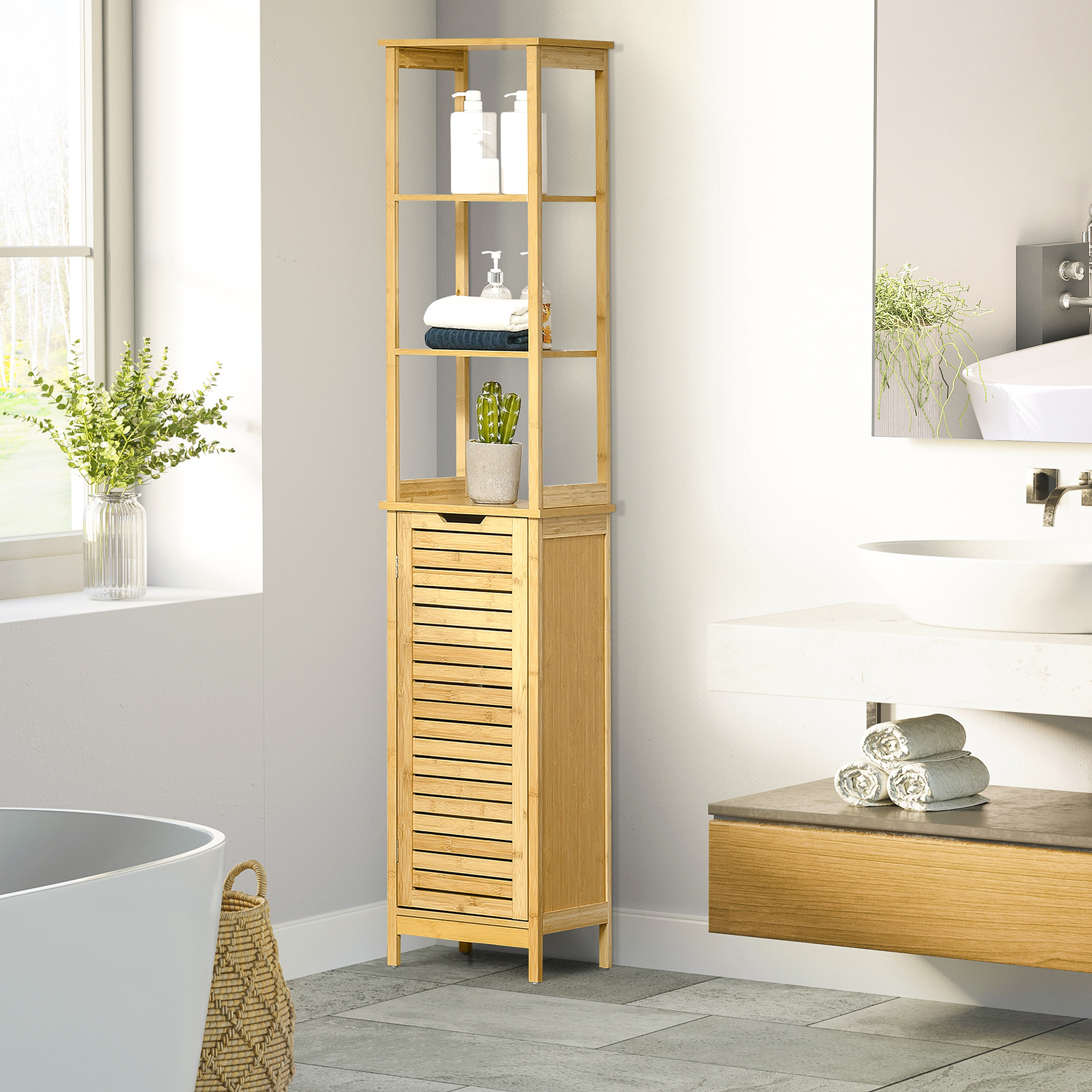 Meuble colonne rangement salle de bain style cosy dim. 34L x 30l x 173H cm porte à lattes 3 étagères bambou MDF aspect bois clair