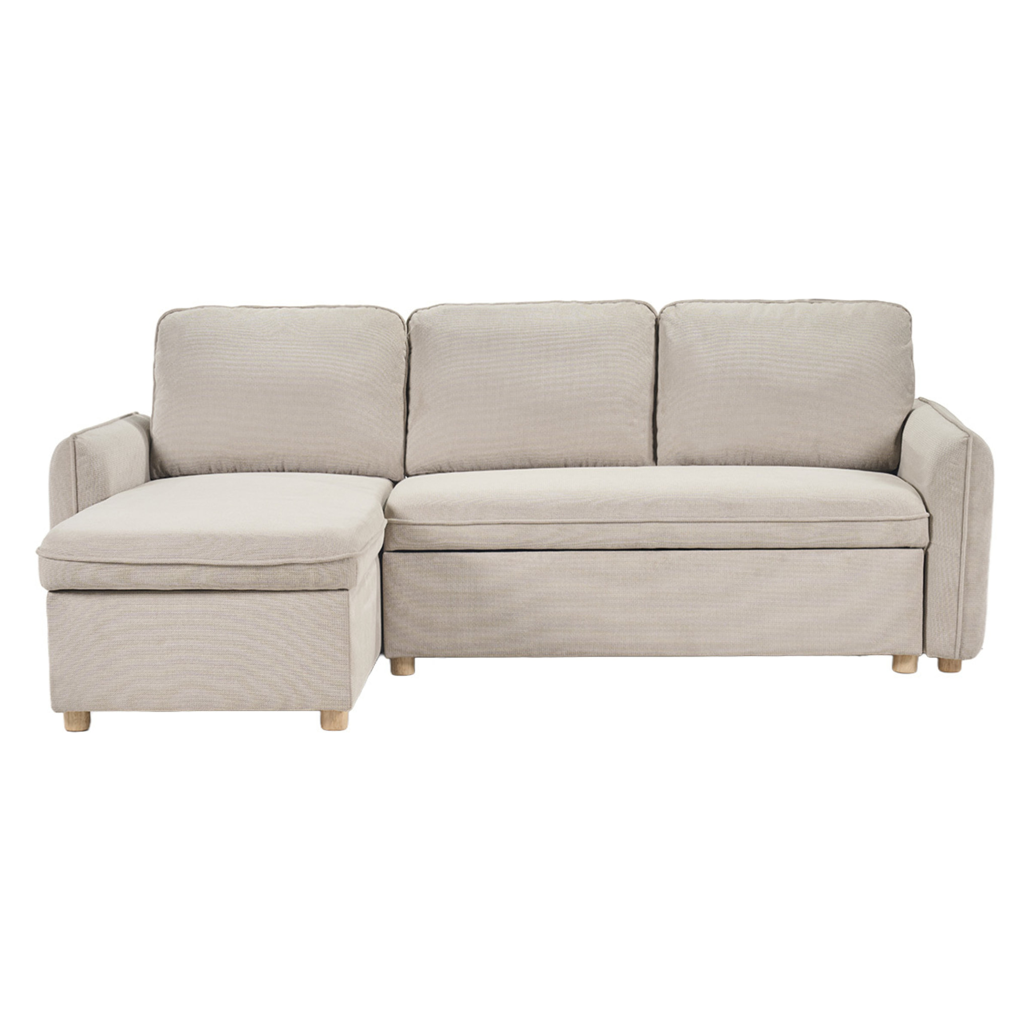 Canapé d'angle convertible réversible avec coffre 3 places en tissu chenille beige et bois clair ORSO