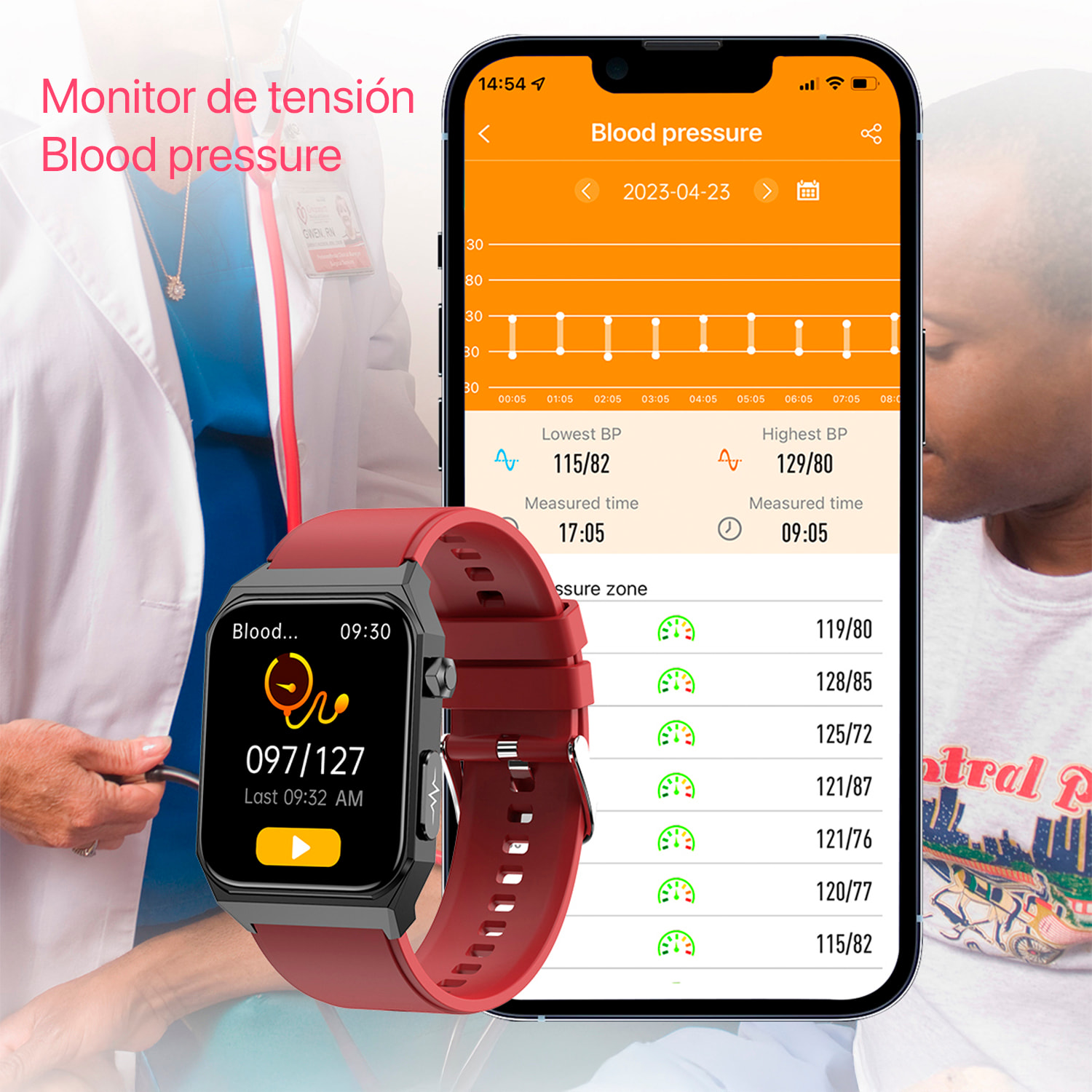 Smartwatch E530 con detección de glucosa en sangre, monitor de tensión y O2. ECG con medición en pecho. Pantalla de 1,91. Correa de cuero.