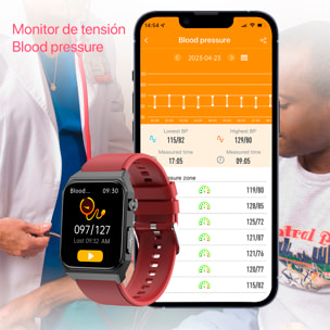 Smartwatch E530 con detección de glucosa en sangre, monitor de tensión y O2. ECG con medición en pecho. Pantalla de 1,91. Correa de cuero.