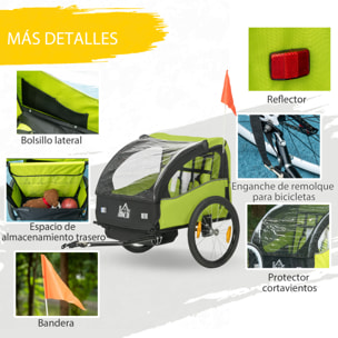 Remolque de Bicicleta para Niños +18 Meses Cochecito para Transporte de 2 Plazas con Cinturón de Seguridad Espacio de Almacenamiento y Sistema de Amortiguador 140x88x90 cm Verde