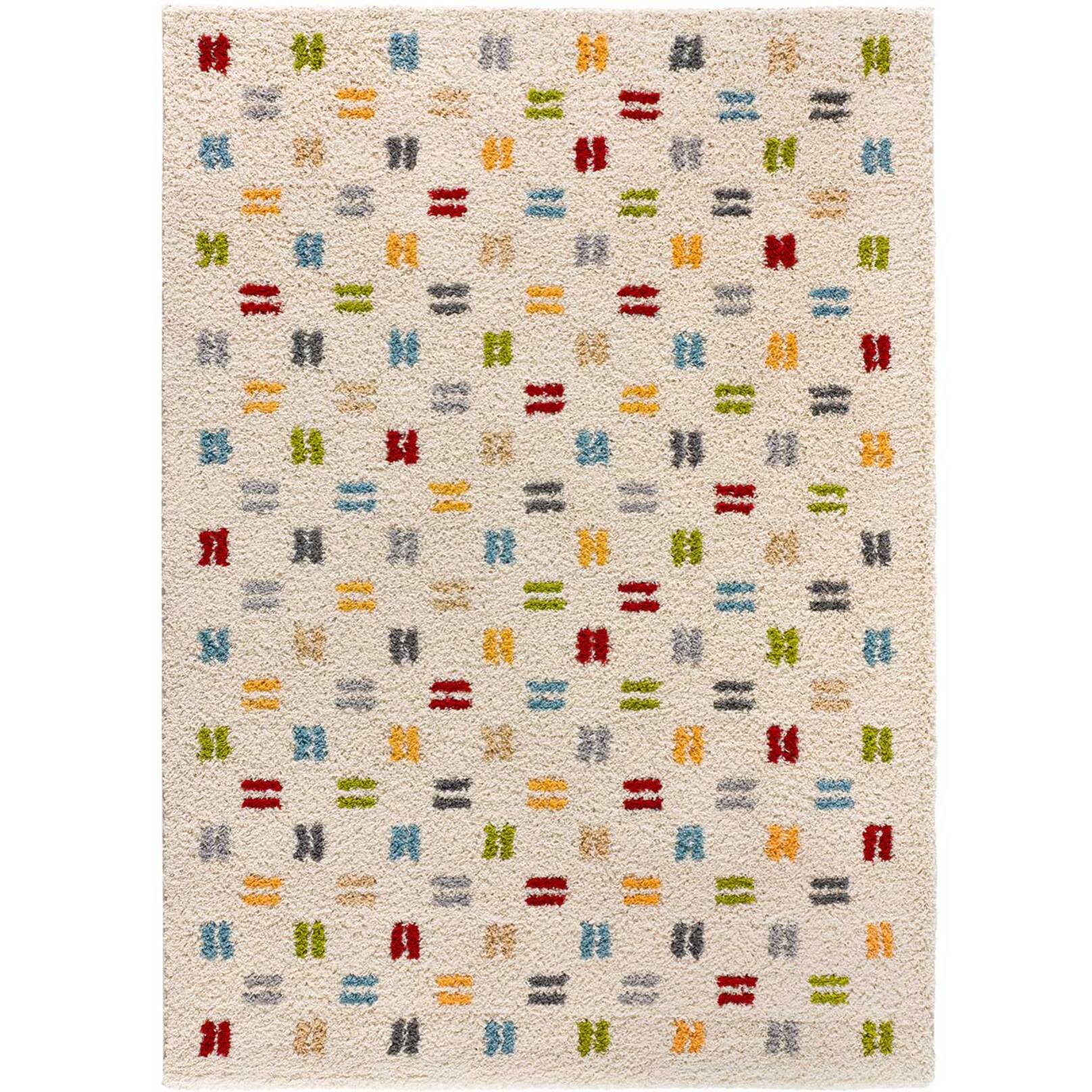 BREMEN Alfombra shaggy geométrica en blanco y motivos multicolor, varias medidas disponibles
