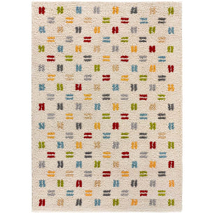 BREMEN Alfombra shaggy geométrica en blanco y motivos multicolor, varias medidas disponibles