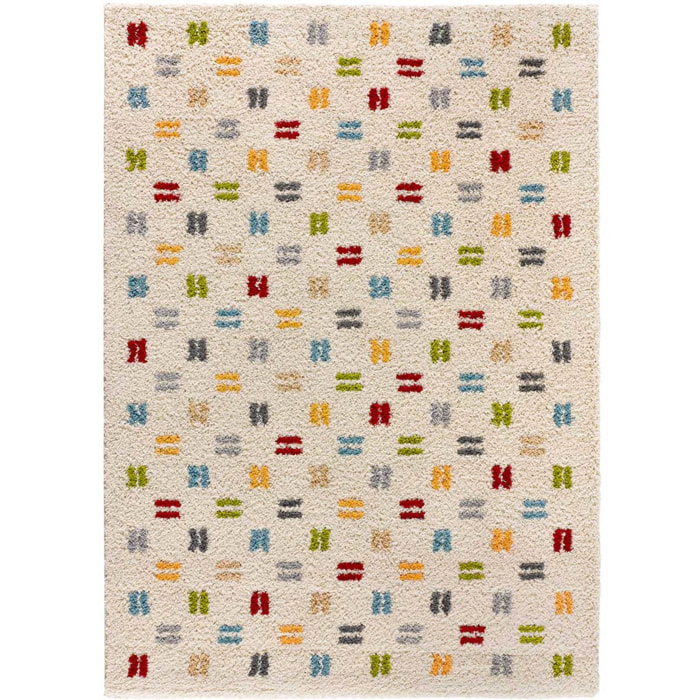 BREMEN Alfombra shaggy geométrica en blanco y motivos multicolor, varias medidas disponibles