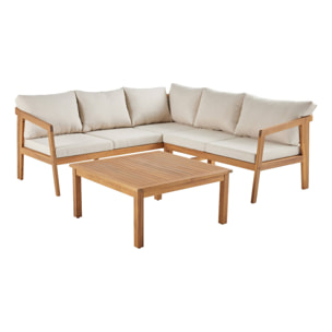 Salon de jardin d'angle beige en acacia 5 places LOBERIA CORNER. table carrée