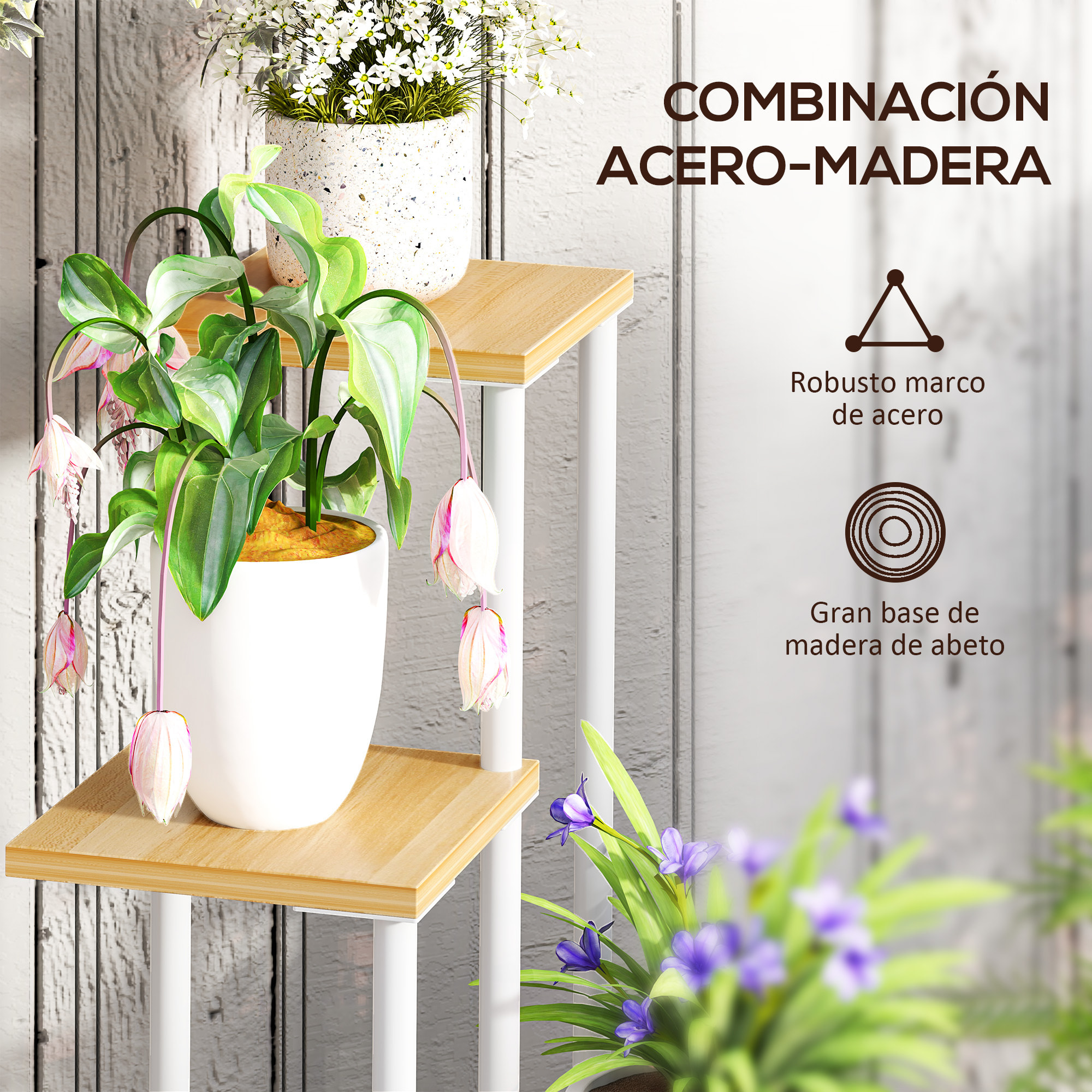 Estantería para Plantas de 4 Niveles Soporte para Plantas de Madera y Acero con 4 Estantes Cuadrados Soporte para Macetas para Interior y Exterior 53x42x85 cm Natural y Blanco