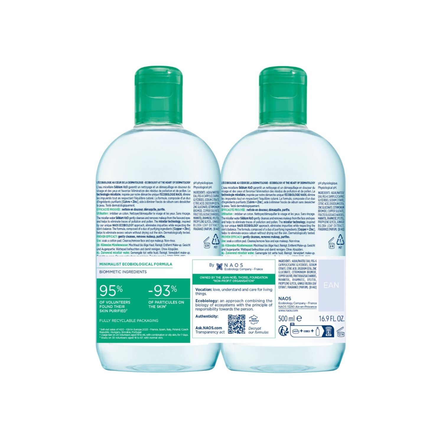 Sébium H2O - Eaux Micellaires Purifiantes - Peaux Mixtes à Grasses 2 x 500 ml