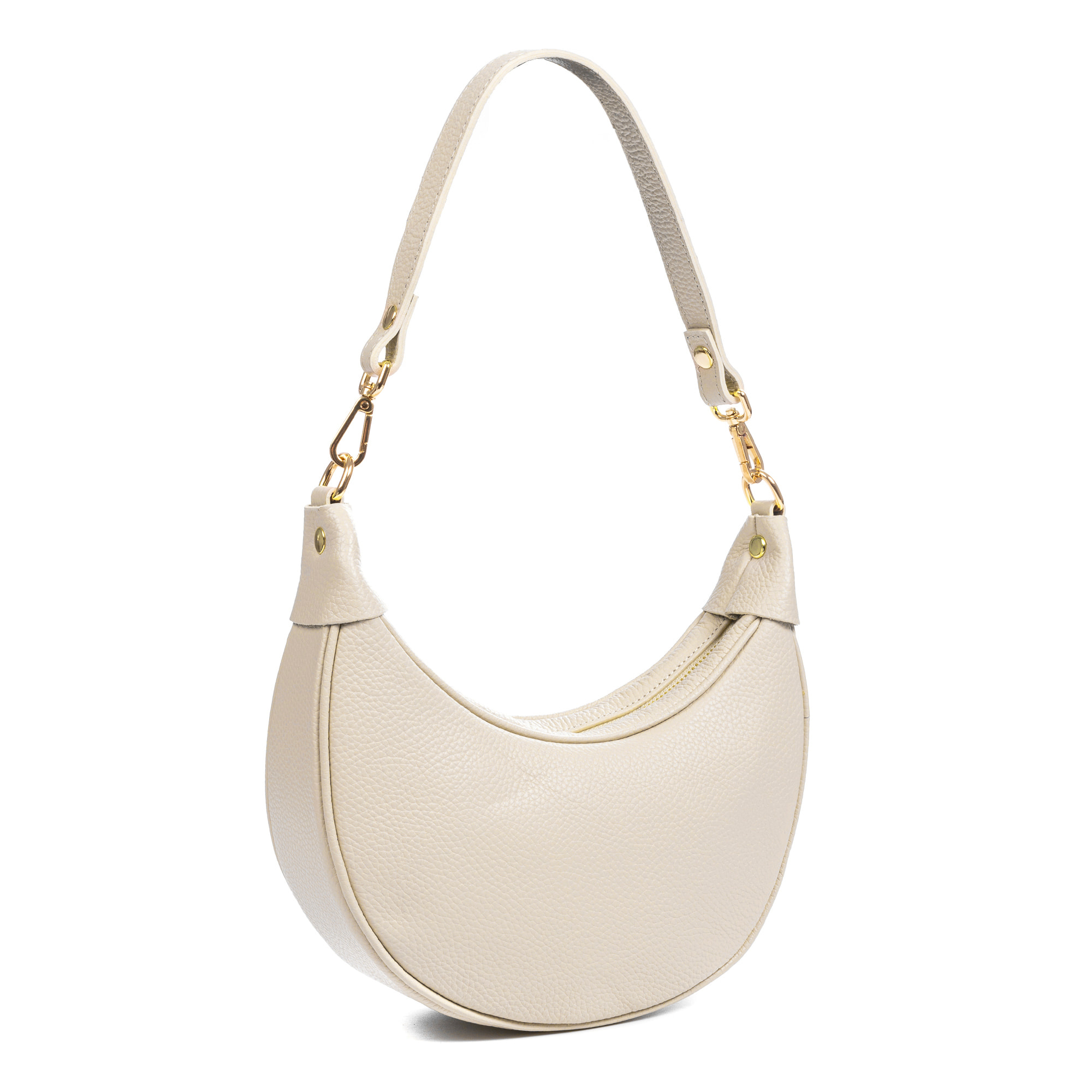 Asís bolso bandolera y mano, de piel auténtica acabado dollaro, con diseño en media luna.