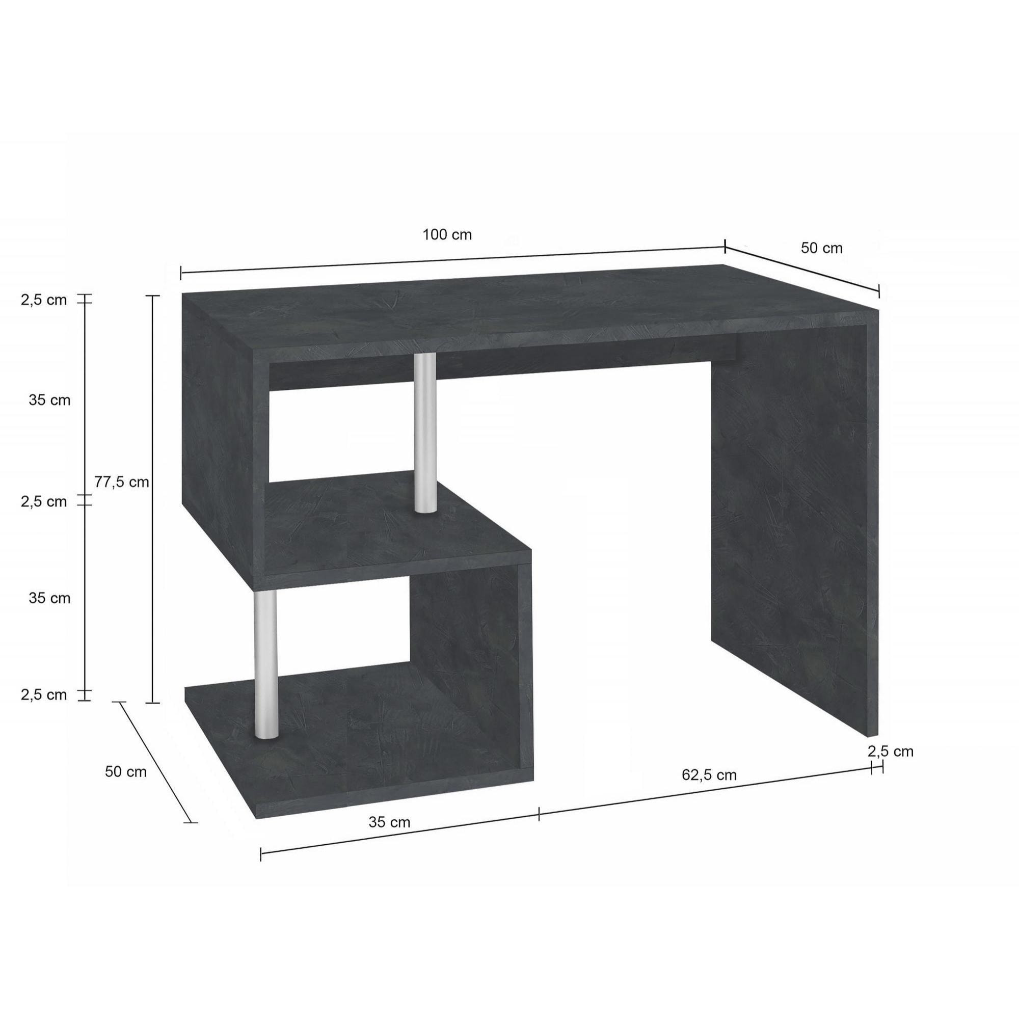 Scrivania moderna ad Esse per ufficio e studio con scaffale, Made in Italy, Tavolo da computer, Scrittoio porta PC, cm 100x50h78, colore Grigio Cenere