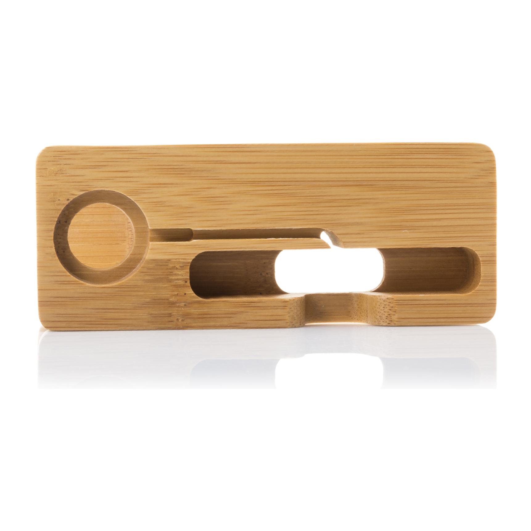 Soporte de madera para smartphone y iWatch, con organizador de cables.