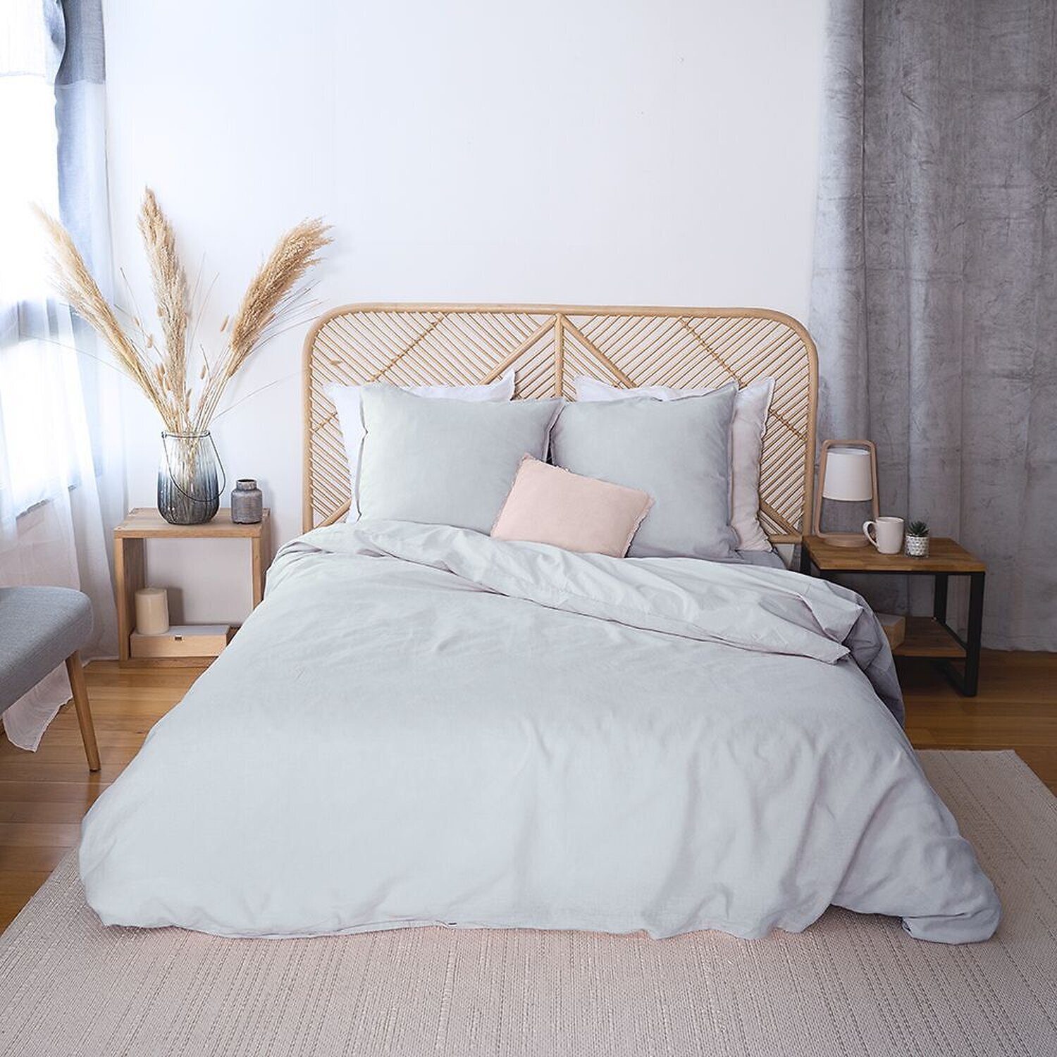 Parure housse de couette unie en coton lavé et lin - lynn - gris clair