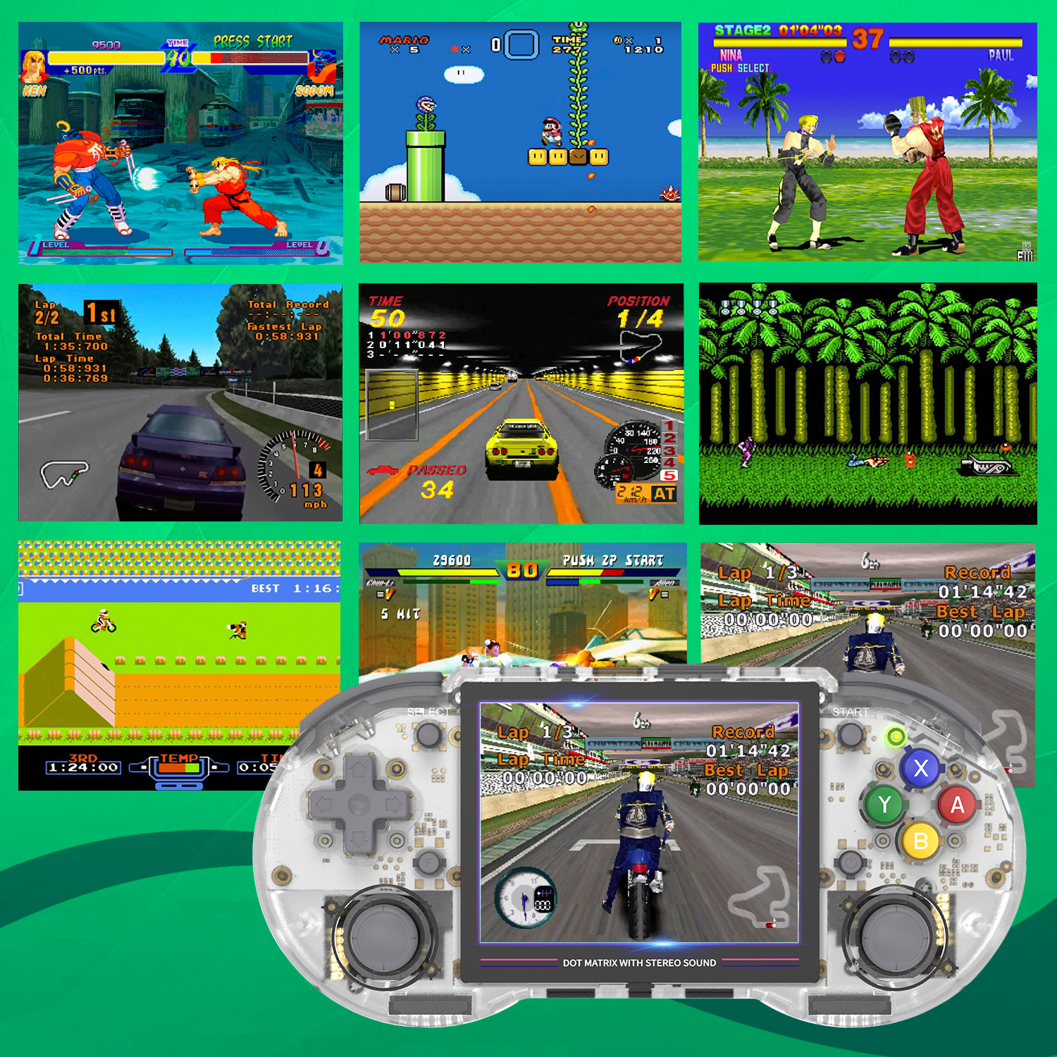 Console emulatore multipiattaforma RG353PS. Schermo IPS da 3,5"; sistema operativo Linux, quad-core da 1,8 GHz, WiFi, 128 GB. +23000 giochi.