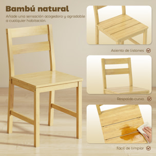 Juego de 2 Sillas de Comedor de Bambú, Sillas de Cocina con Asiento con Listones, Respaldo Curvado, Sin Brazos, para Sala de Estar, Natural