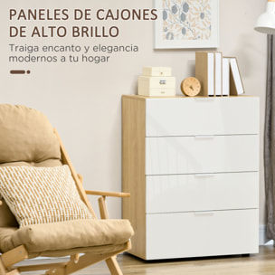 Cómoda con 4 Cajones de Alto Brillo Cajonera de Madera para Dormitorio Salón Oficina Estilo Moderno 70x35x92 cm Blanco y Natural