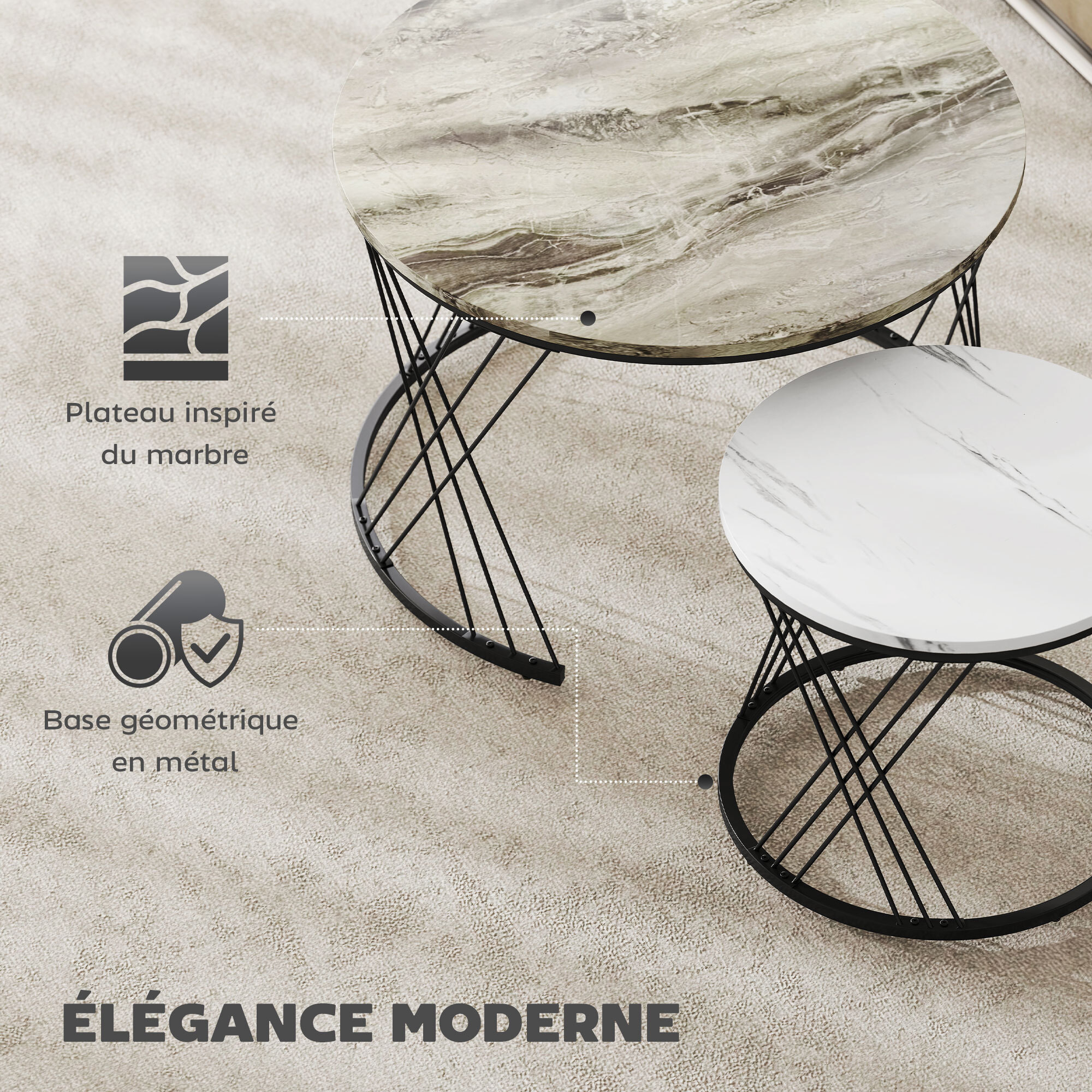 Lot de 2 tables basses design gigognes rondes dia. 70/44,5 cm métal noir effet marbre gris blanc