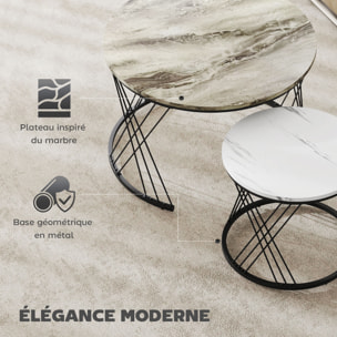 Lot de 2 tables basses design gigognes rondes dia. 70/44,5 cm métal noir effet marbre gris blanc