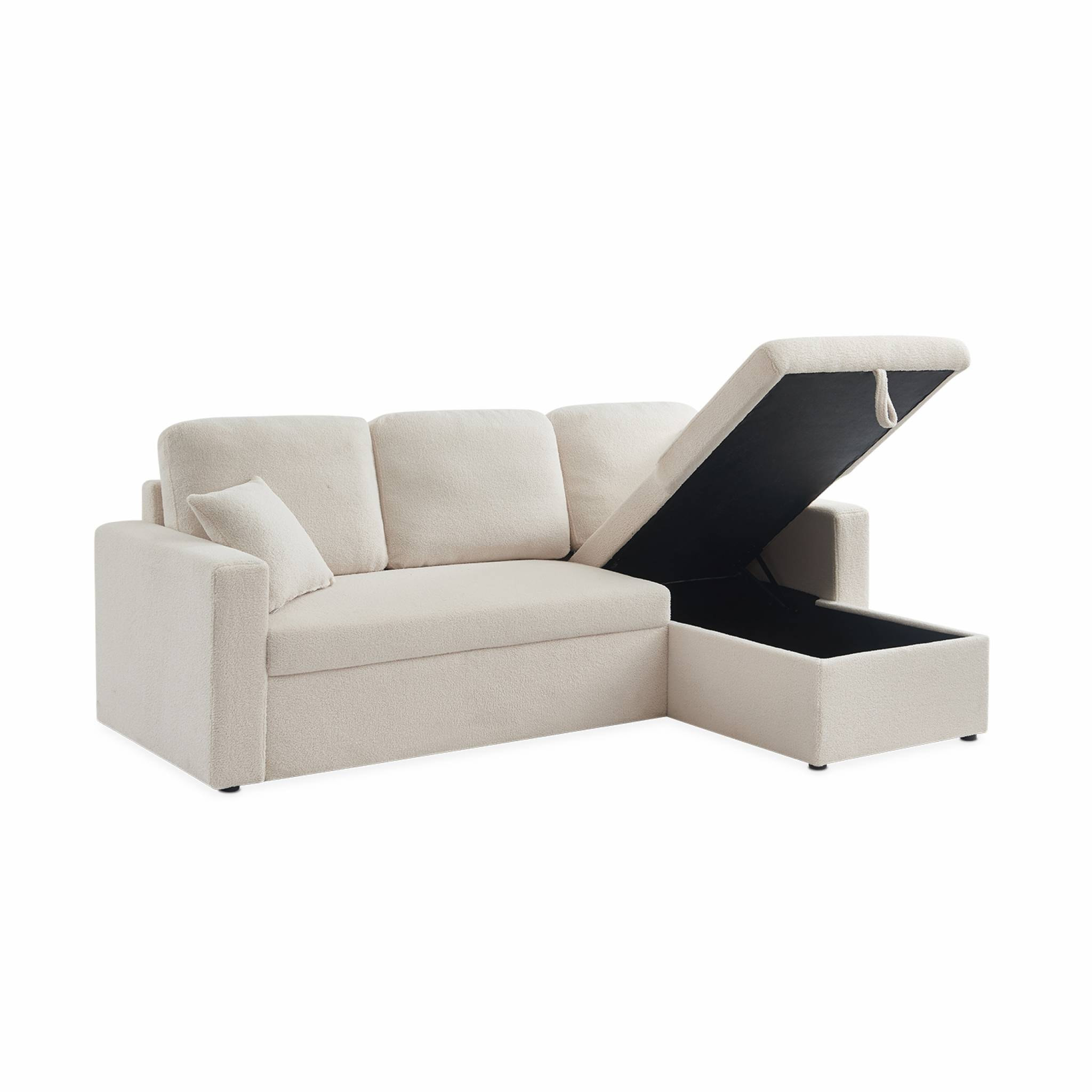 Canapé d'angle convertible en tissu bouclettes blanches - IDA - 3 places. fauteuil d'angle réversible coffre rangement lit modulable