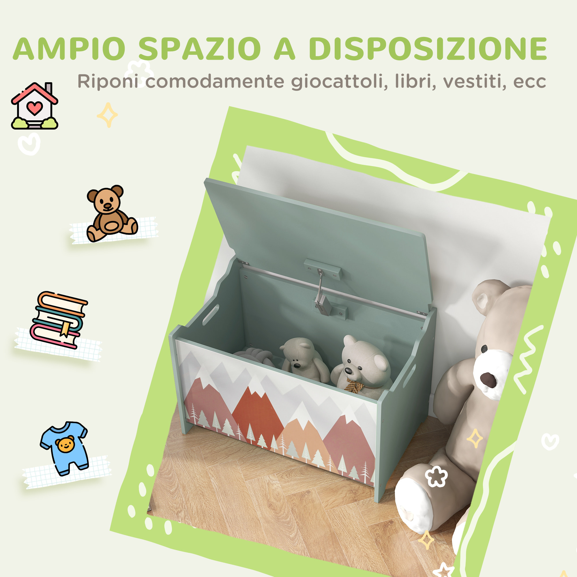 ZONEKIZ Baule Portagiochi per Bambini con Coperchio e Cerniera di Sicurezza in MDF, 60x37x39cm, Verde