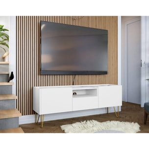 Cali - meuble TV - effet marbre - 144 cm - Blanc / Doré