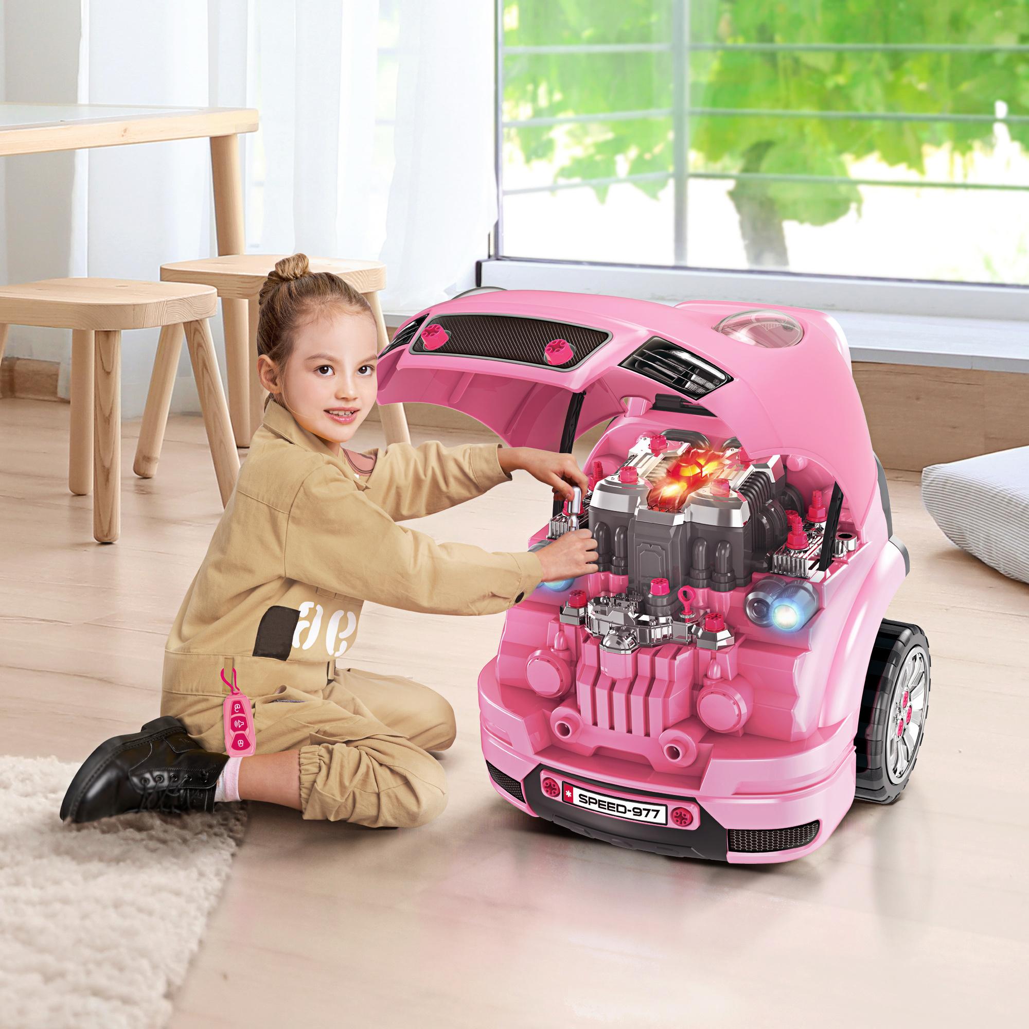 Motor de Camión para Niños de +3 Años Conjunto de Motor de Juguete con 61 Piezas Volante Bocina Faros Caja de Almacenaje y Ruedas 40x39x47 cm Rosa