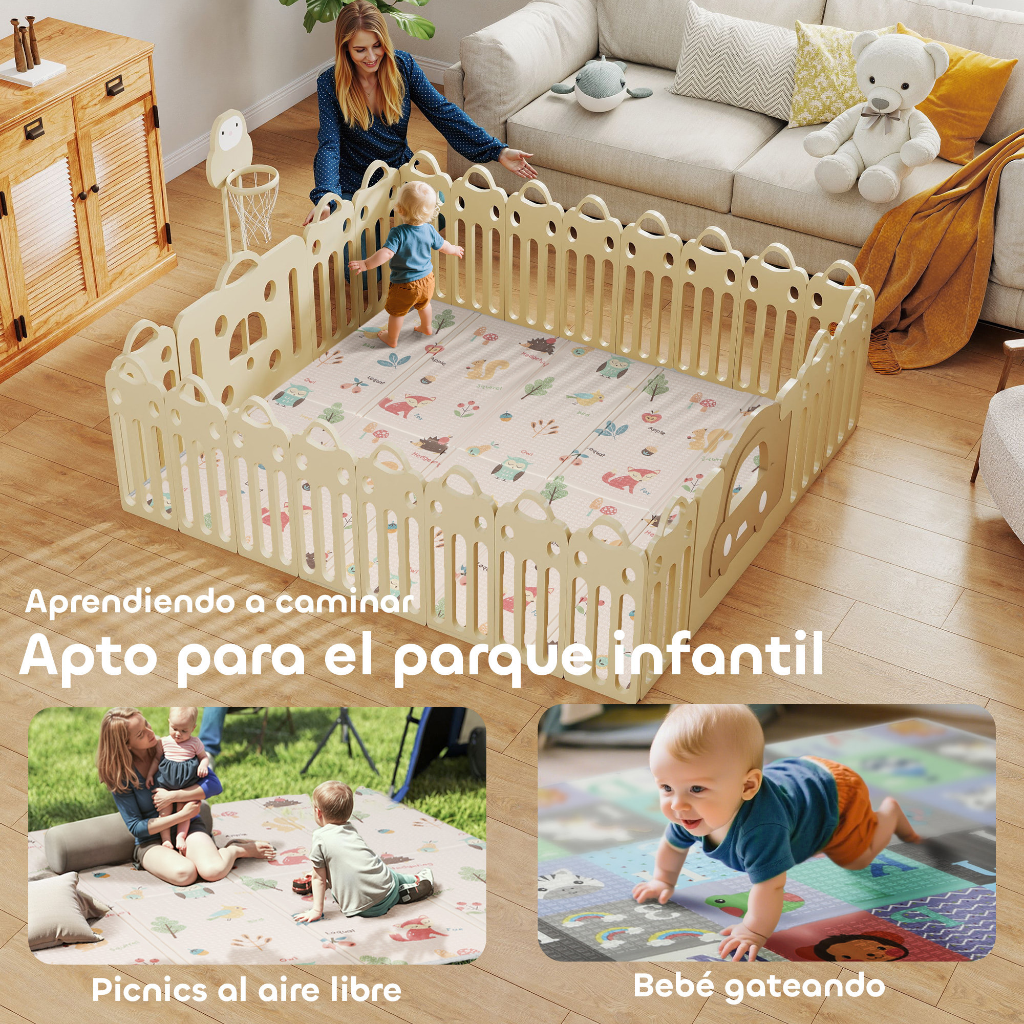 Alfombra Bebé Acolchada Plegable Reversible 150x180 cm, Tapete de Actividades Bebé XPE, Doble Cara Impermeable, con Bolsa de Transporte, Multicolor