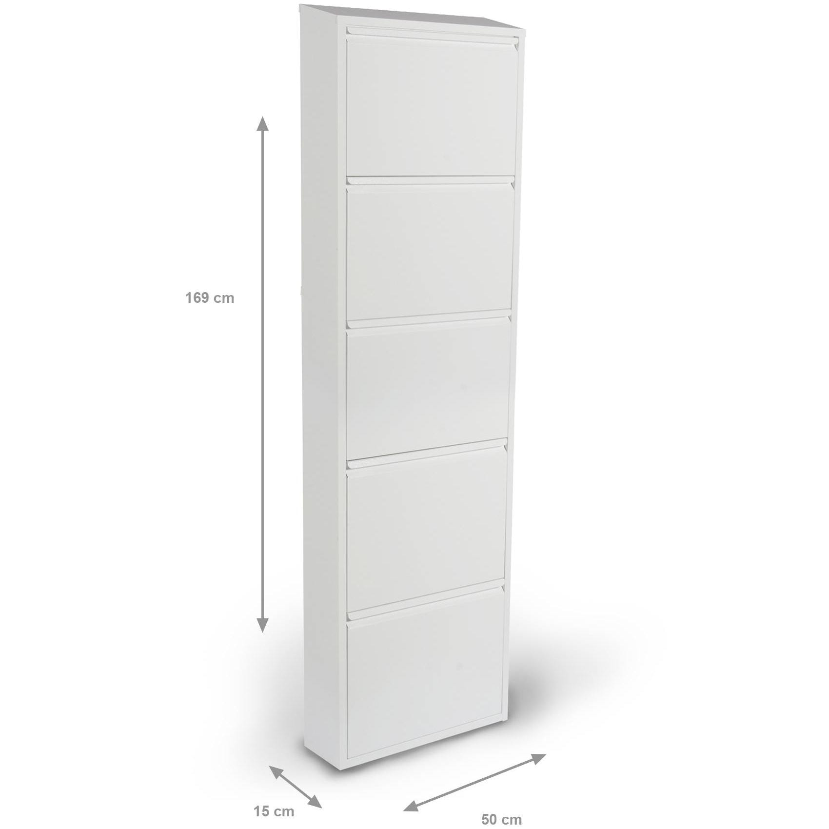 Scarpiera in metallo a cinque ante con ribalta, colore bianco, Misure 50 x 169 x 15 cm